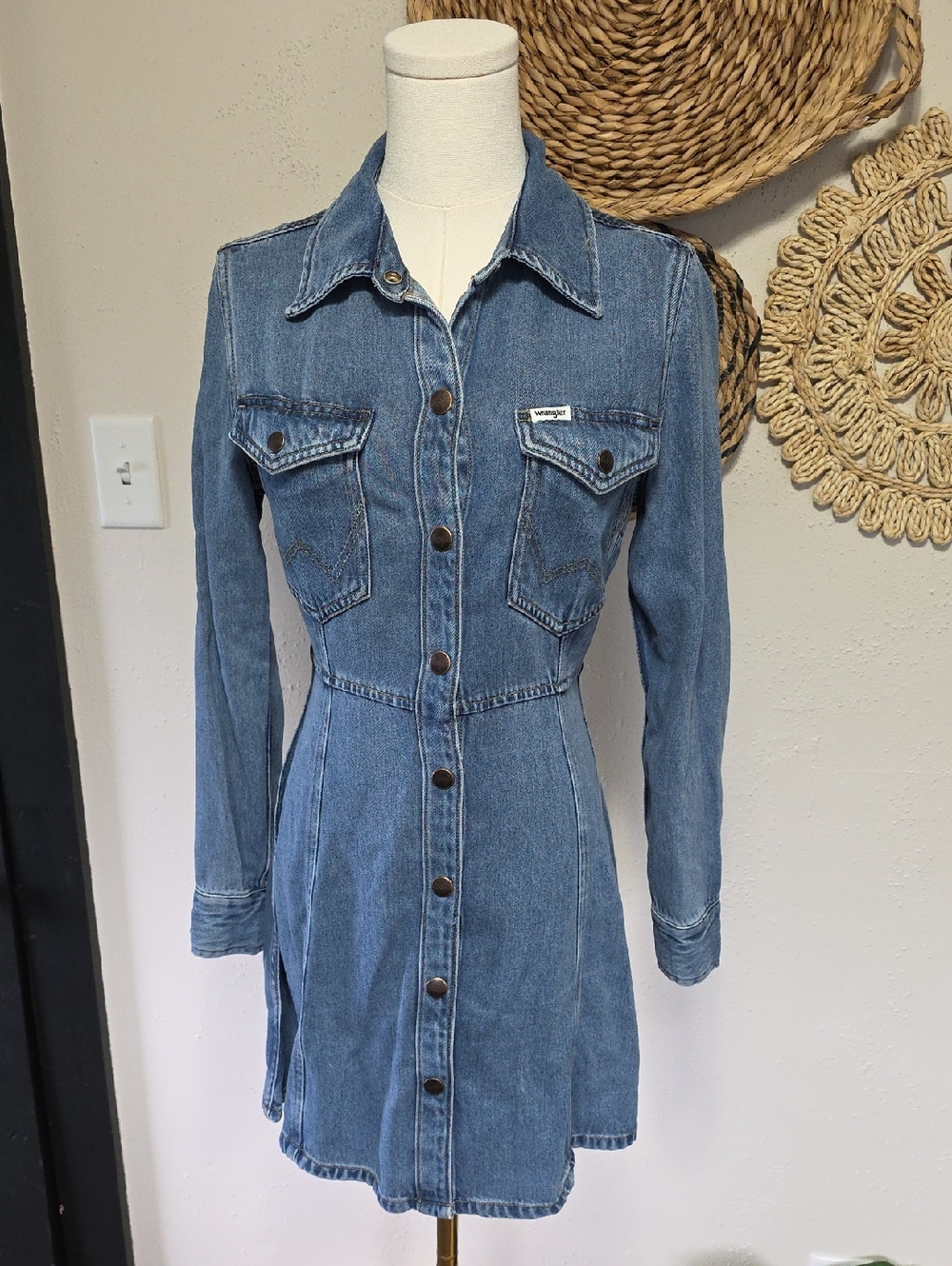 Wrangler Slim Western Cowgirl Blue Denim Long Sleeve Mini Dress Womens XS - Picture 4 of 9